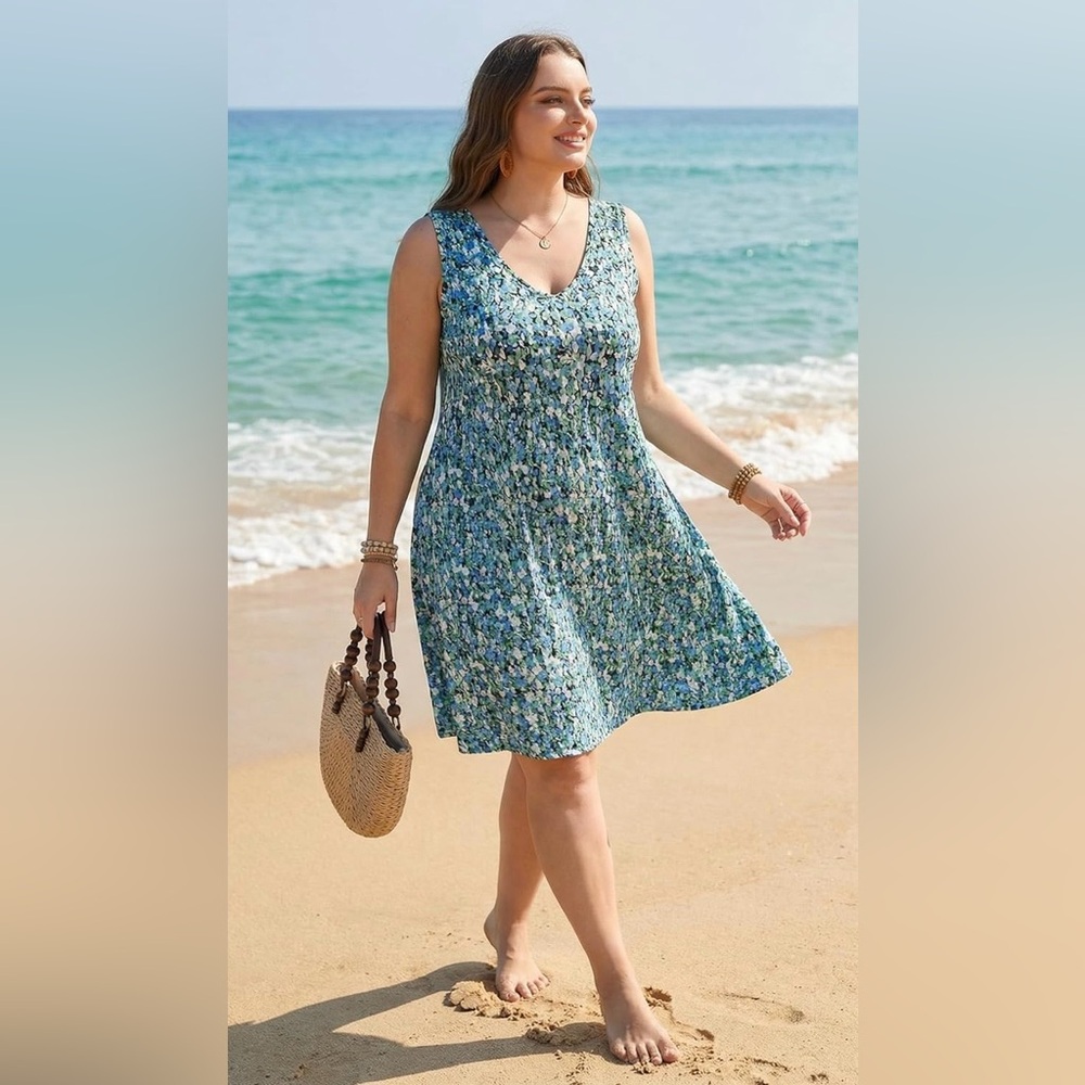 Sleeveless Blue Green Floral V-Neck Women’s Dress-3X
